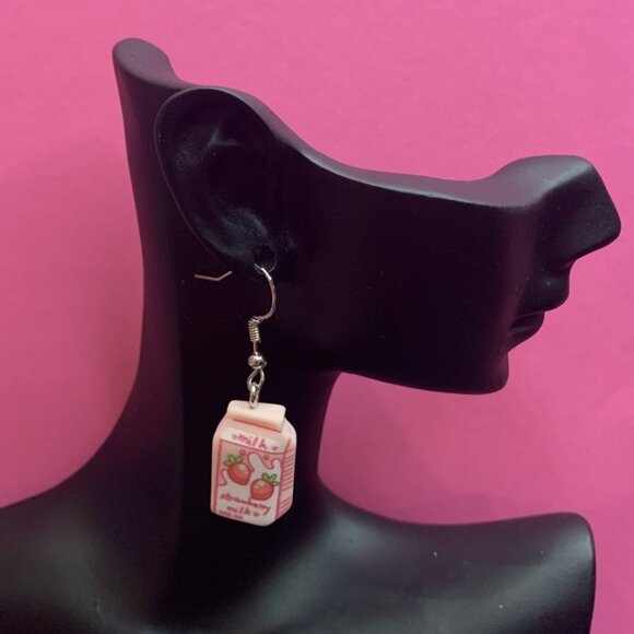 Strawberry Milk Earring, Milk Earring, Drink Earring, Funny Food Earring, Gift - Picture 3 of 4